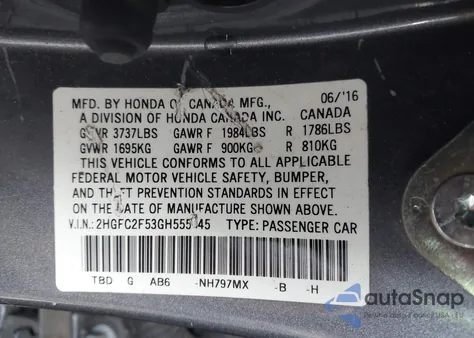 2016 Honda Civic Lx from USA, damaged, VIN 2HGFC2F53GH555645